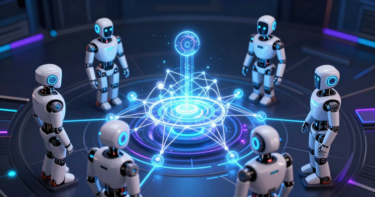 AI agent robots collaborating around a neural network hub with luminous data streams