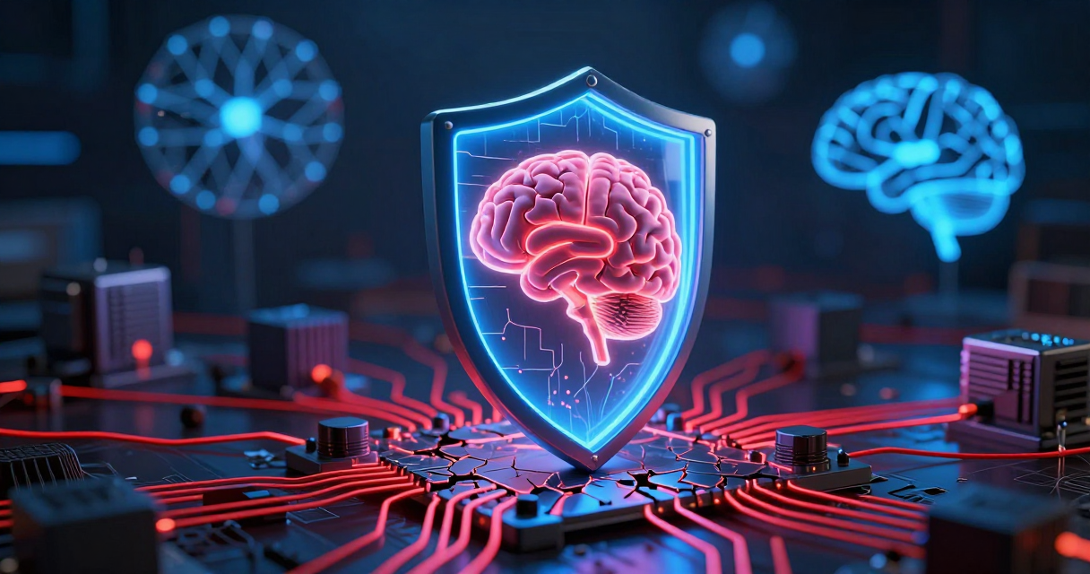 A glowing digital shield protecting circuit board infrastructure from red vulnerability cracks, with neural network AI in background