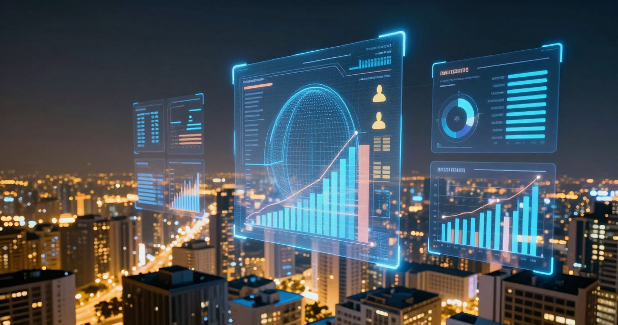 Futuristic data visualization showing AI industry metrics with holographic charts and a digital twin cityscape