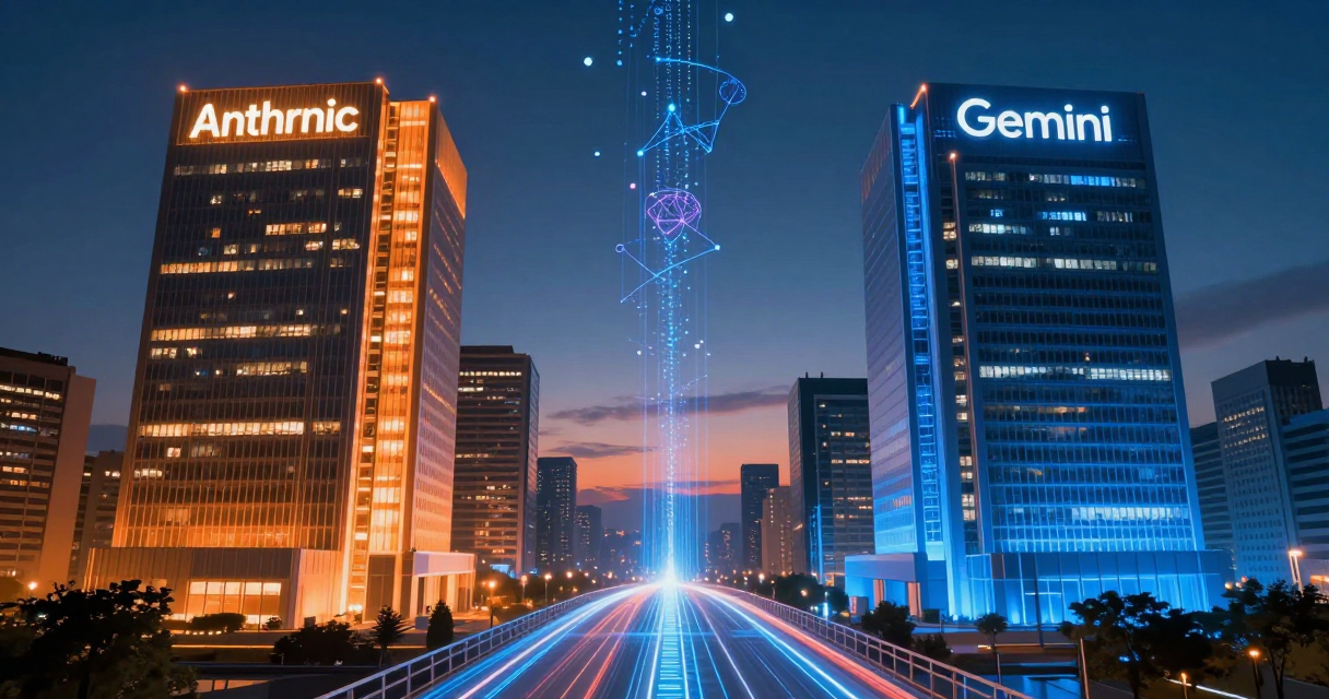 Two futuristic corporate towers connected by a glowing data bridge, symbolizing the shifting power dynamics between Google and Anthropic in the AI industry