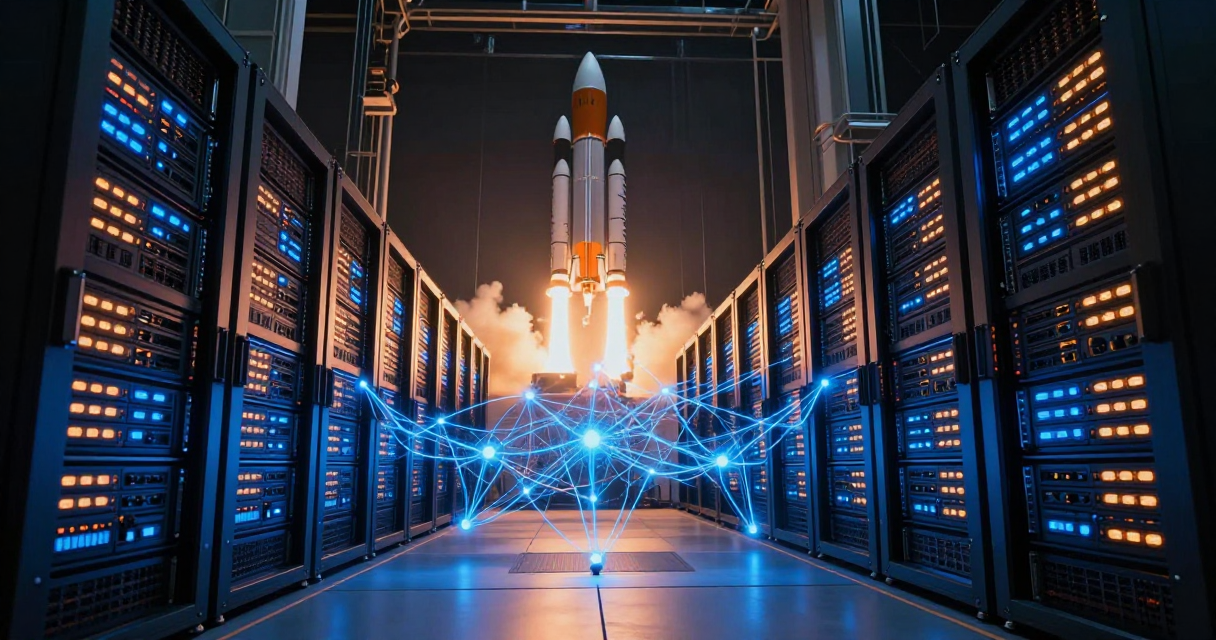 Futuristic AI data center with supercomputer racks and network connections representing the massive Anthropic-SpaceX compute deal