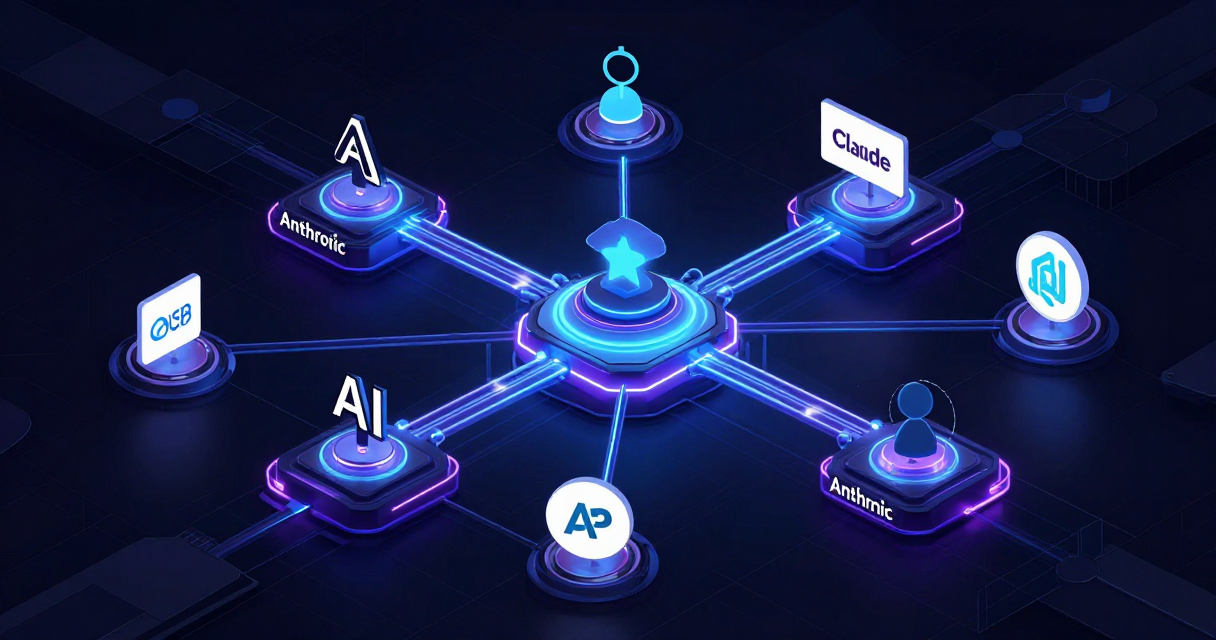 Abstract visualization of interconnected AI agent nodes communicating through glowing SDK bridges in a digital infrastructure network