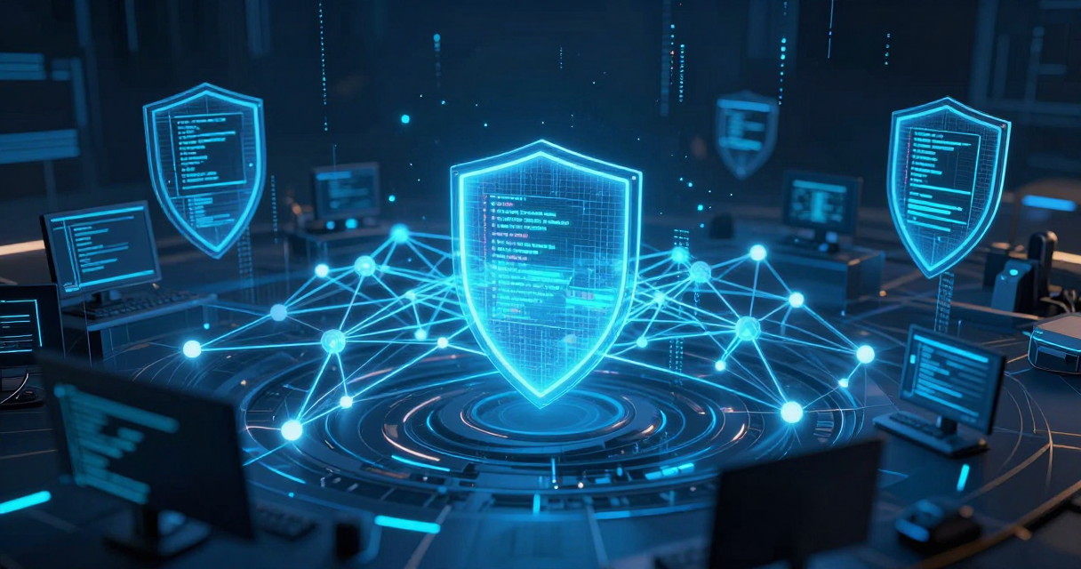 Abstract visualization of AI neural networks connecting with cybersecurity shields and developer code terminals in a futuristic digital landscape