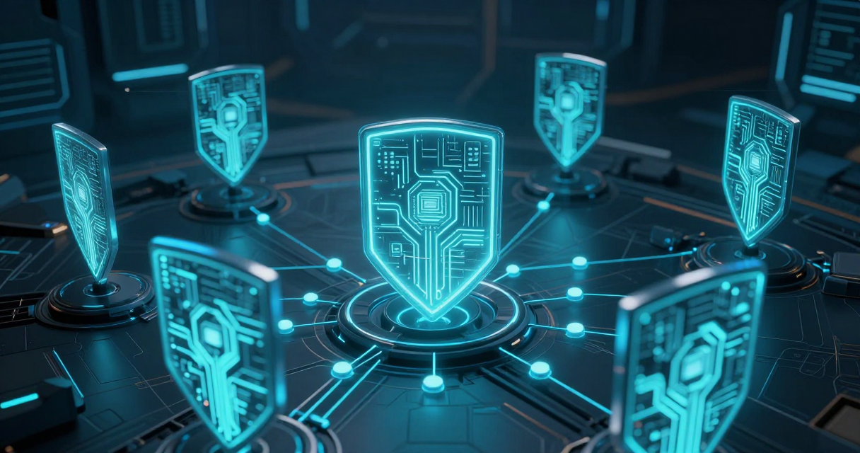 AI and cybersecurity digital battlefield concept art showing neural networks and supply chain connections