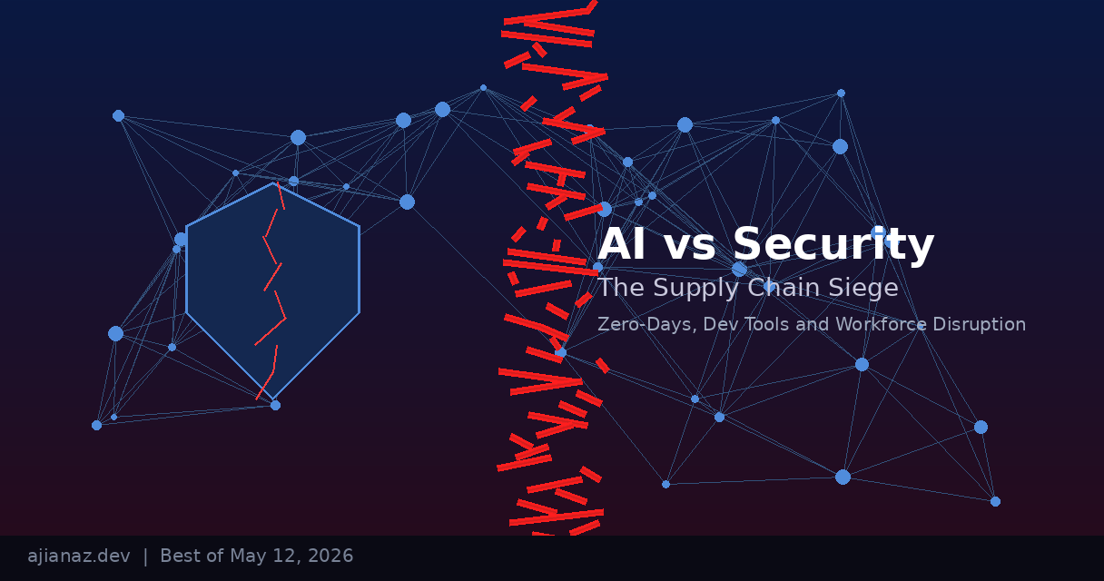 AI vs Security: A cracked digital shield with network nodes representing supply chain vulnerabilities and zero-day threats