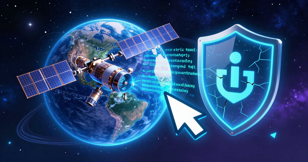 Futuristic illustration of orbital data centers, AI pointer interfaces, and cybersecurity shields representing the convergence of AI infrastructure and security threats