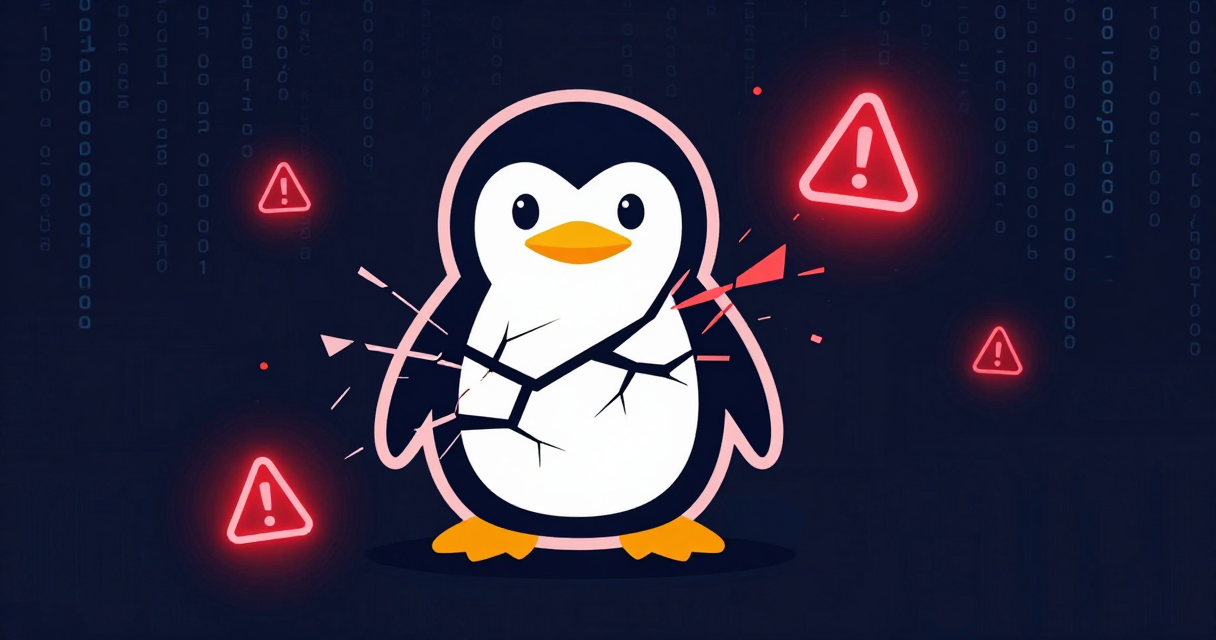Digital illustration showing a cracked Linux penguin logo with red warning symbols and matrix code rain, representing critical cybersecurity vulnerabilities