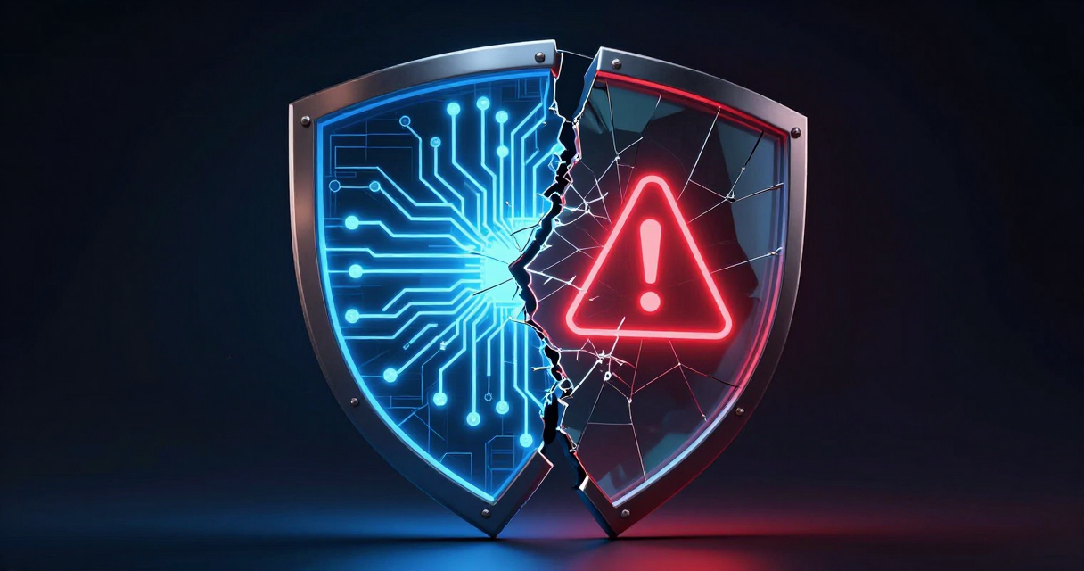 A digital illustration showing the duality of AI technology — innovation and vulnerability — with a split shield design featuring neural networks and warning symbols