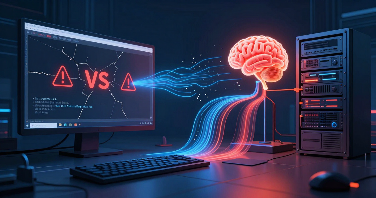 Digital illustration of a cybersecurity battlefield with cracked code editor, AI brain, and server rack under attack
