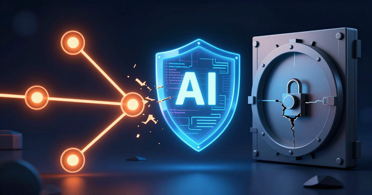 Digital illustration of a cybersecurity landscape showing supply chain vulnerabilities and AI coding tools under threat