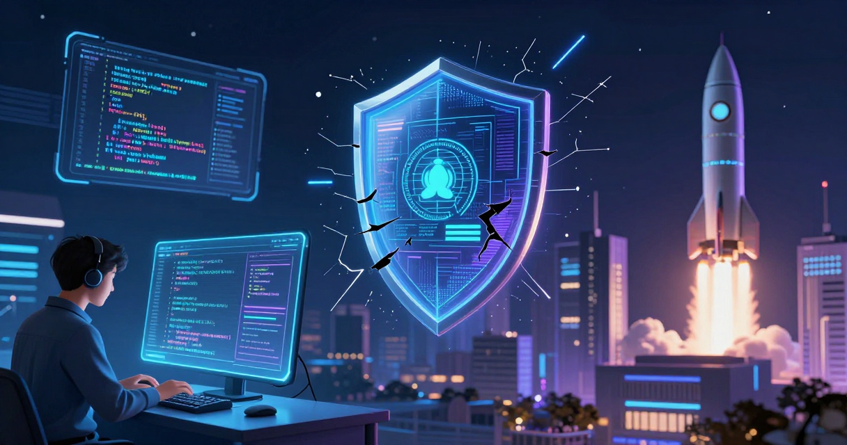 AI agents, cybersecurity shields, and startup funding in a futuristic digital collage