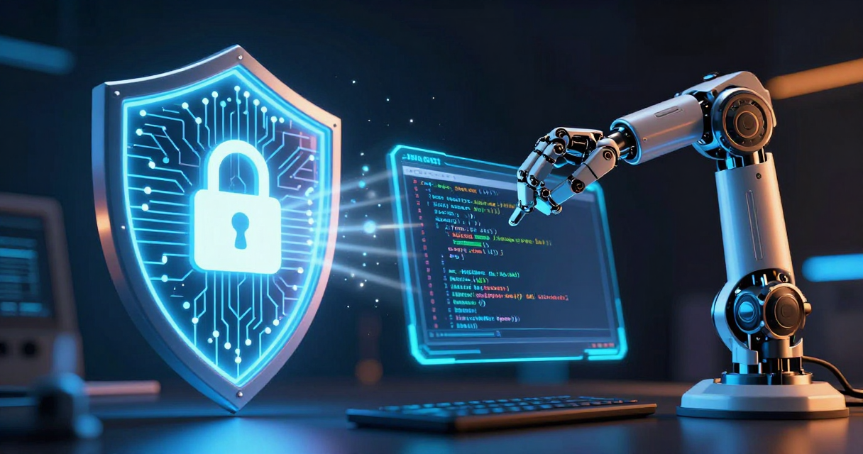 Digital illustration of AI cybersecurity shield and autonomous coding agents on dark neon background