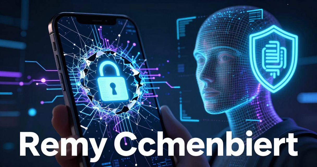 Digital illustration of a cybersecurity battlefield with a cracked smartphone, quantum circuit patterns, and AI scanning effects