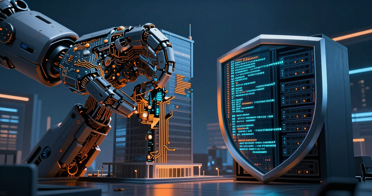 A futuristic illustration showing a robot hand reshaping an office building while a code shield protects servers, representing AI workforce transformation and cybersecurity defense.