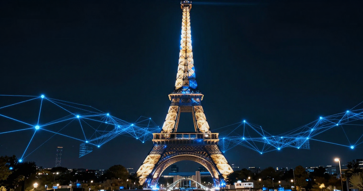 Eiffel Tower illuminated with glowing blue neural network connections representing European AI sovereignty