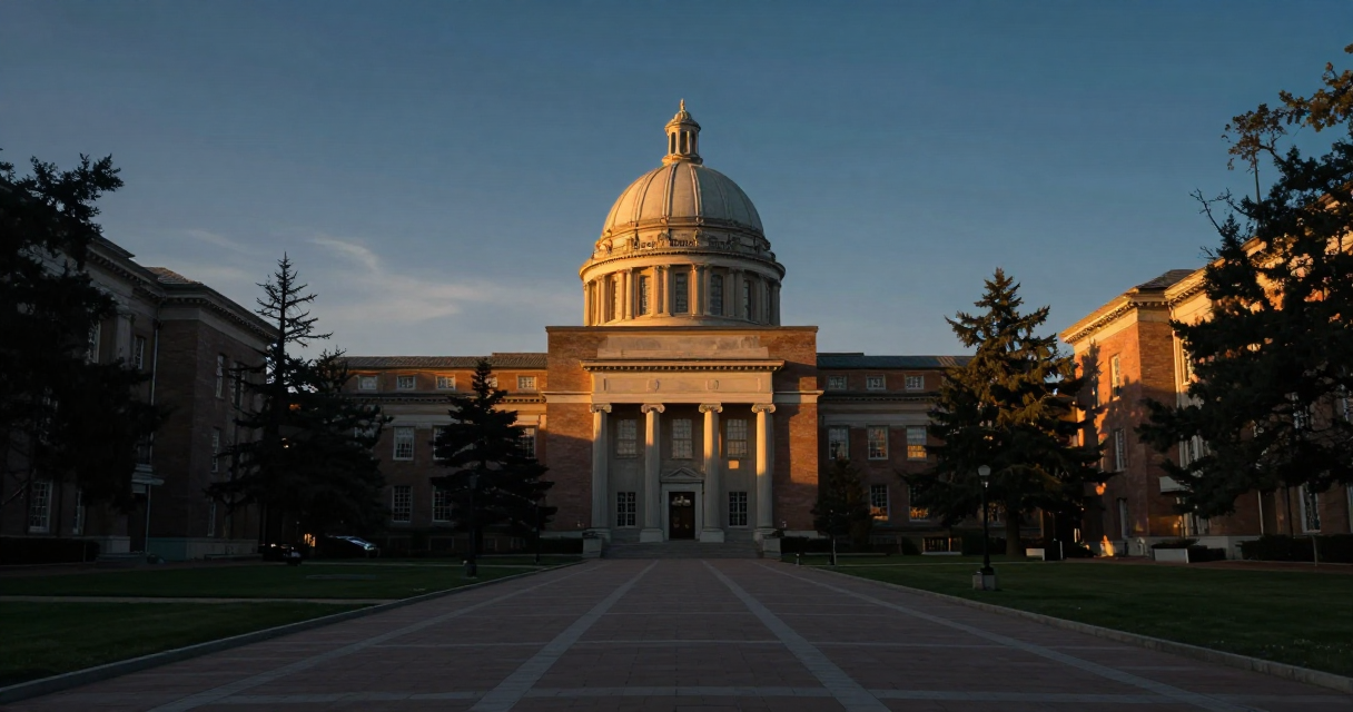 A university campus building at dusk with empty pathways, symbolizing declining graduate enrollment