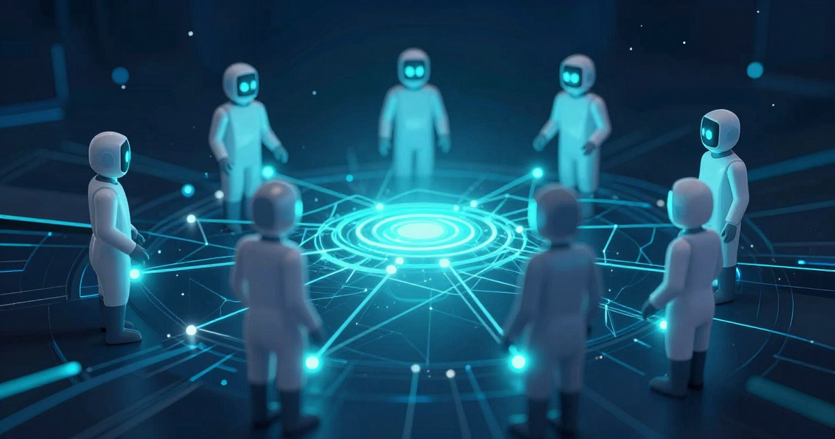 Abstract visualization of multiple AI agents connected in a network with glowing data streams in teal and blue