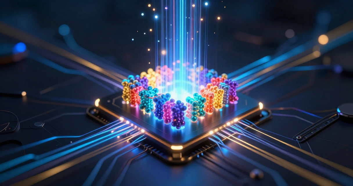 Abstract visualization of photonic computing chip with light beams passing through nanoscale optical circuits