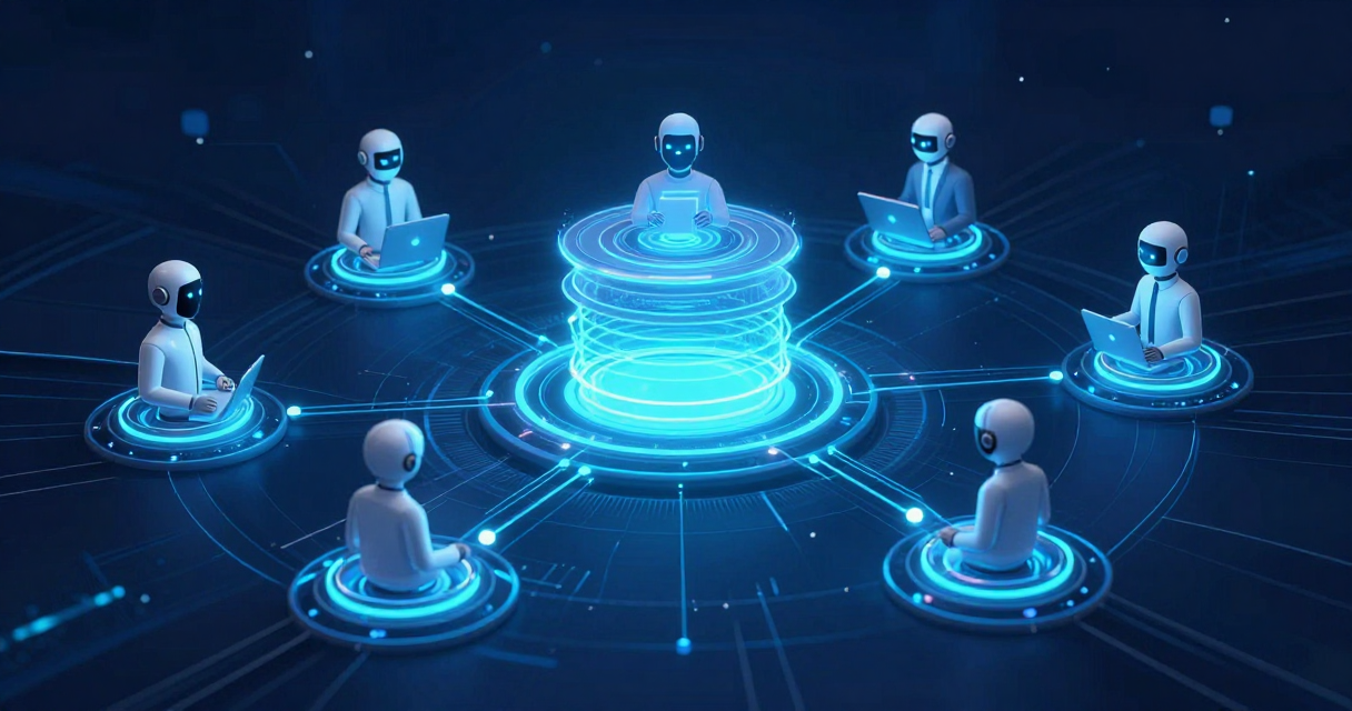 Abstract digital illustration of interconnected AI nodes communicating through luminous protocol streams on a dark blue background