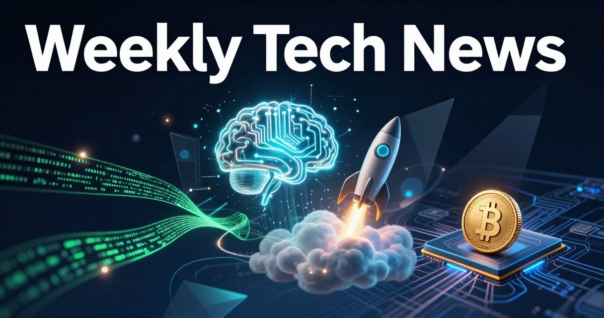 Weekly tech news collage featuring AI brain, code streams, and futuristic digital elements on dark navy background