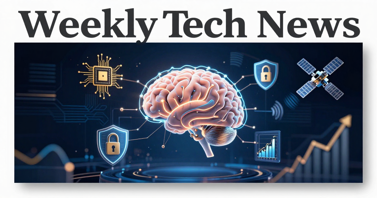 Weekly tech news collage with AI brain, cybersecurity shield, chip, and satellite icons on dark blue background