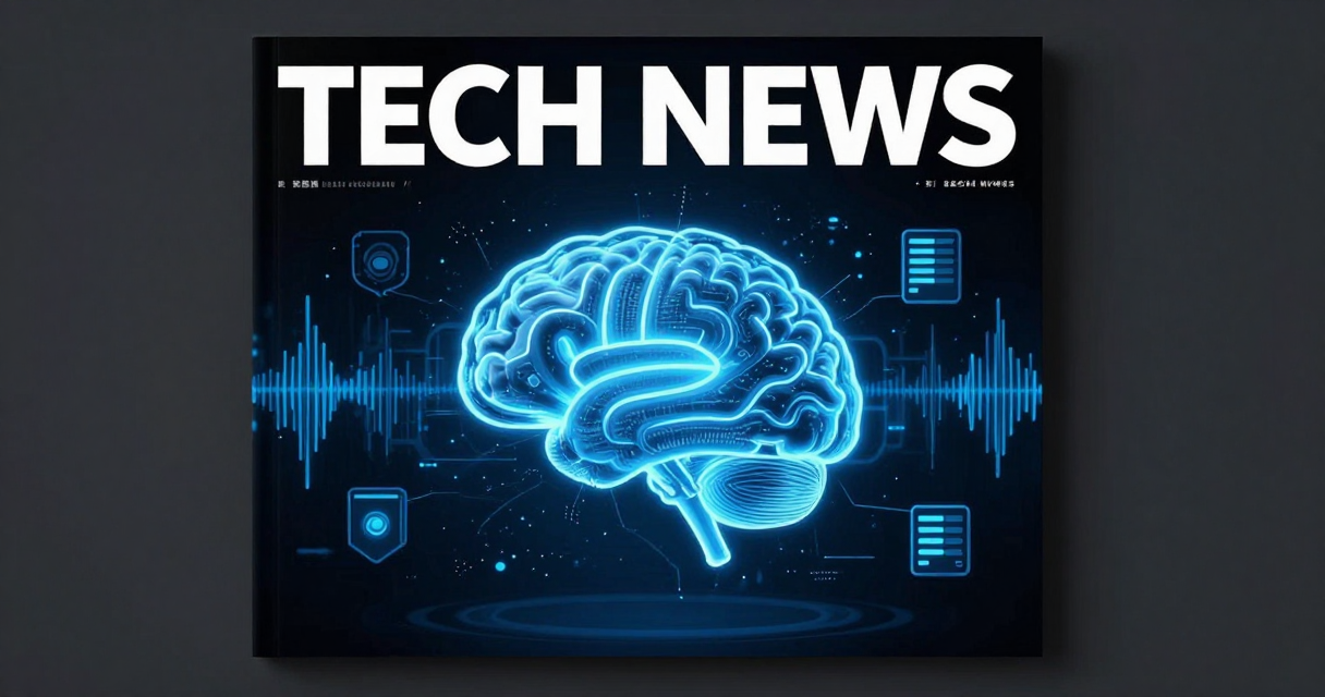 Weekly tech recap cover — AI brain, digital shield, voice waves, and server rack on dark background
