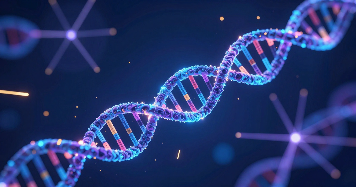 AI neural network analyzing a DNA double helix, representing Google DeepMind's AlphaGenome model for genomic variant prediction