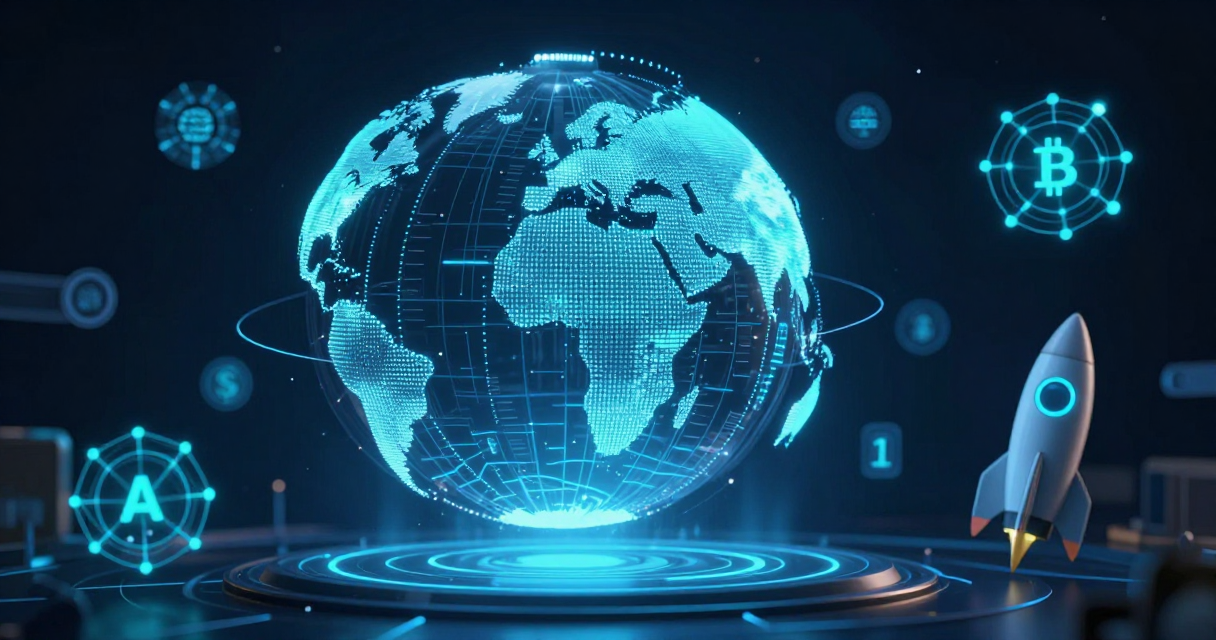 Abstract digital technology collage representing global tech industry shifts including AI, cybersecurity, and cryptocurrency