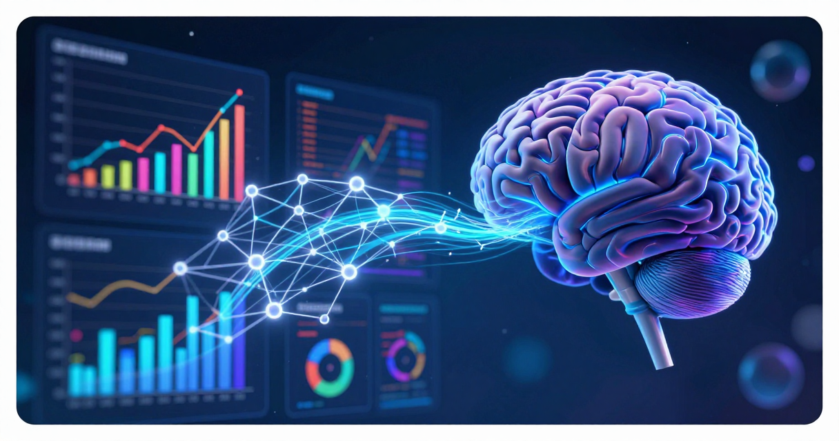 AI neural network analyzing colorful data charts and graphs with glowing connections