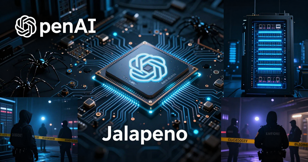 Dark futuristic tech banner showing AI inference chips, data center racks, and cybercrime court scenes
