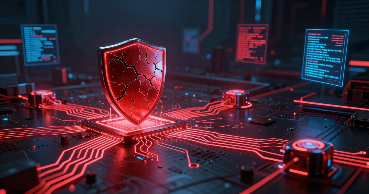 Dark cyberpunk visualization of AI cybersecurity threats with glowing circuit patterns and neural network connections
