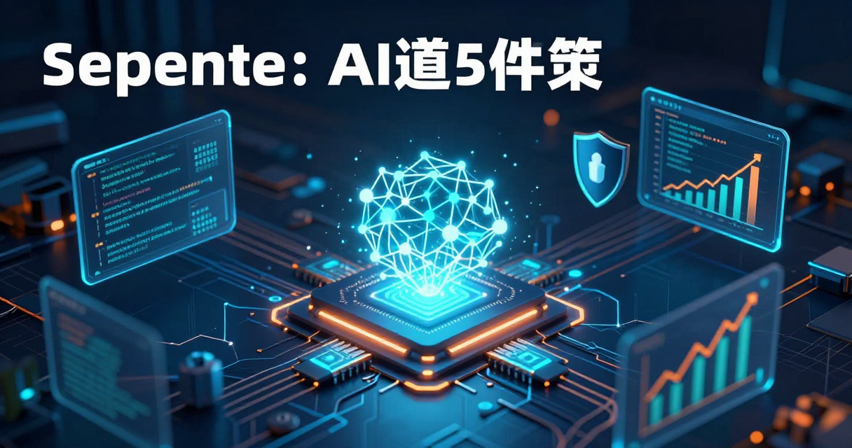Futuristic illustration of AI chips, cybersecurity shields, and code terminals in dark blue and teal