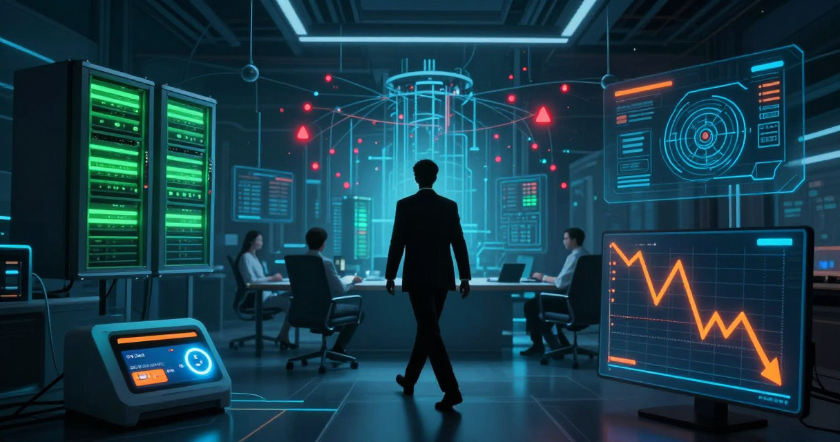 A futuristic digital collage showing tech disruption: open source servers, network cyber attacks, cryptocurrency charts, and enterprise AI transformation