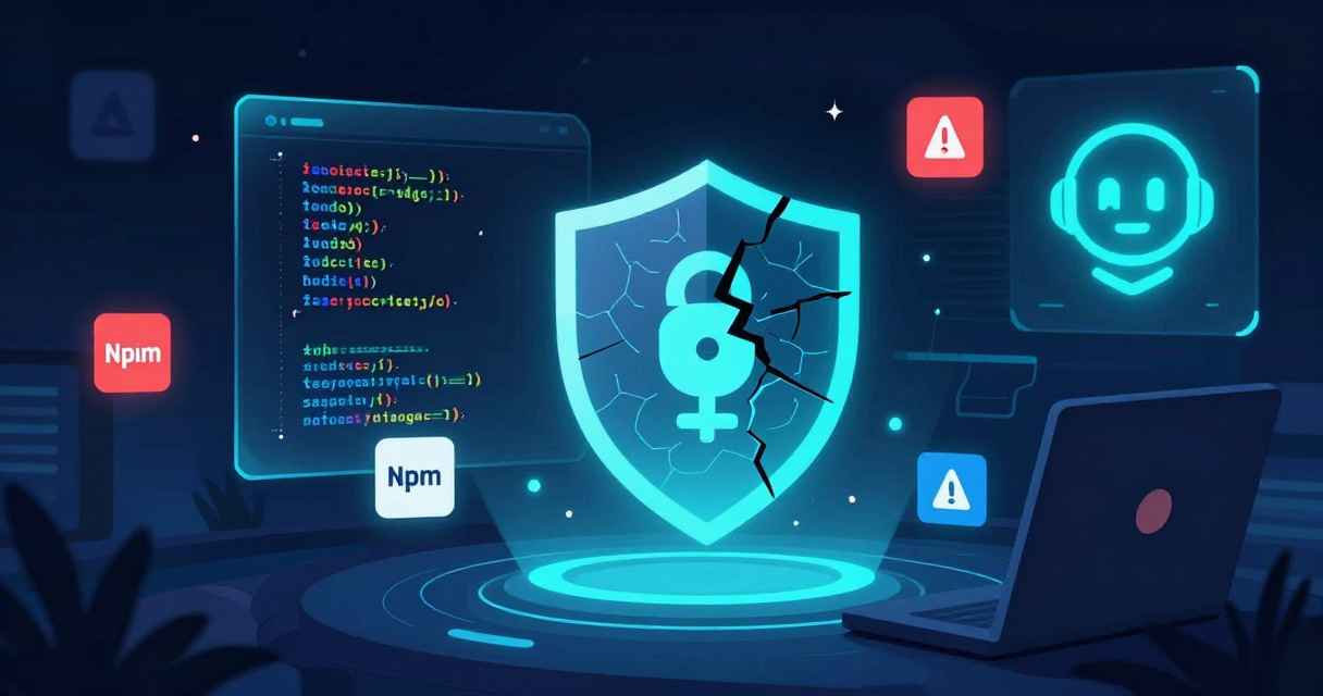 Futuristic digital illustration of a developer terminal with holographic code streams, cybersecurity shield icons, and AI assistant elements in a dark cyberpunk palette