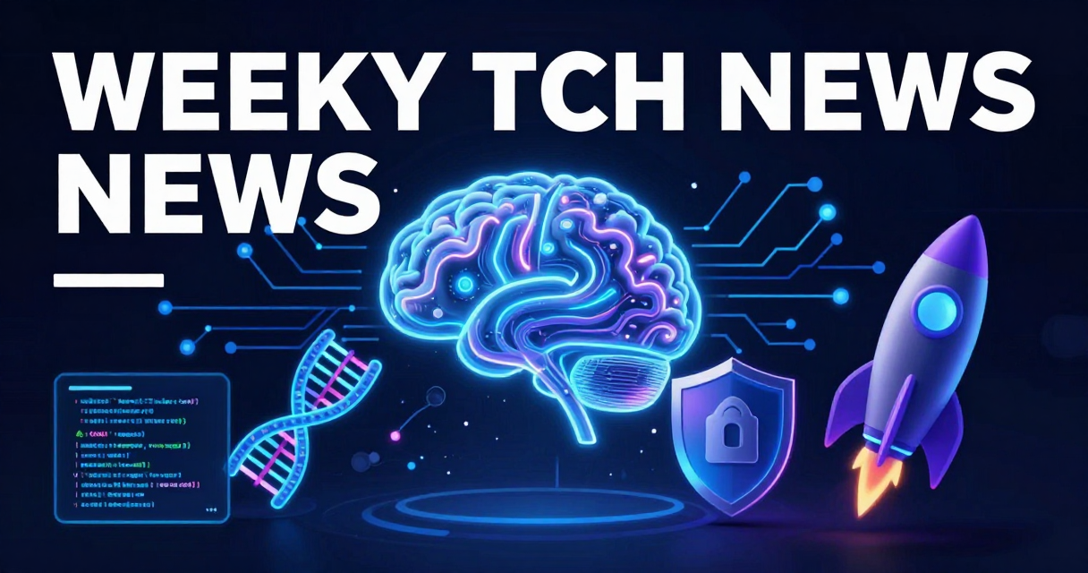 Weekly tech news cover: AI brain, DNA helix, code terminal, and cybersecurity icons on dark background