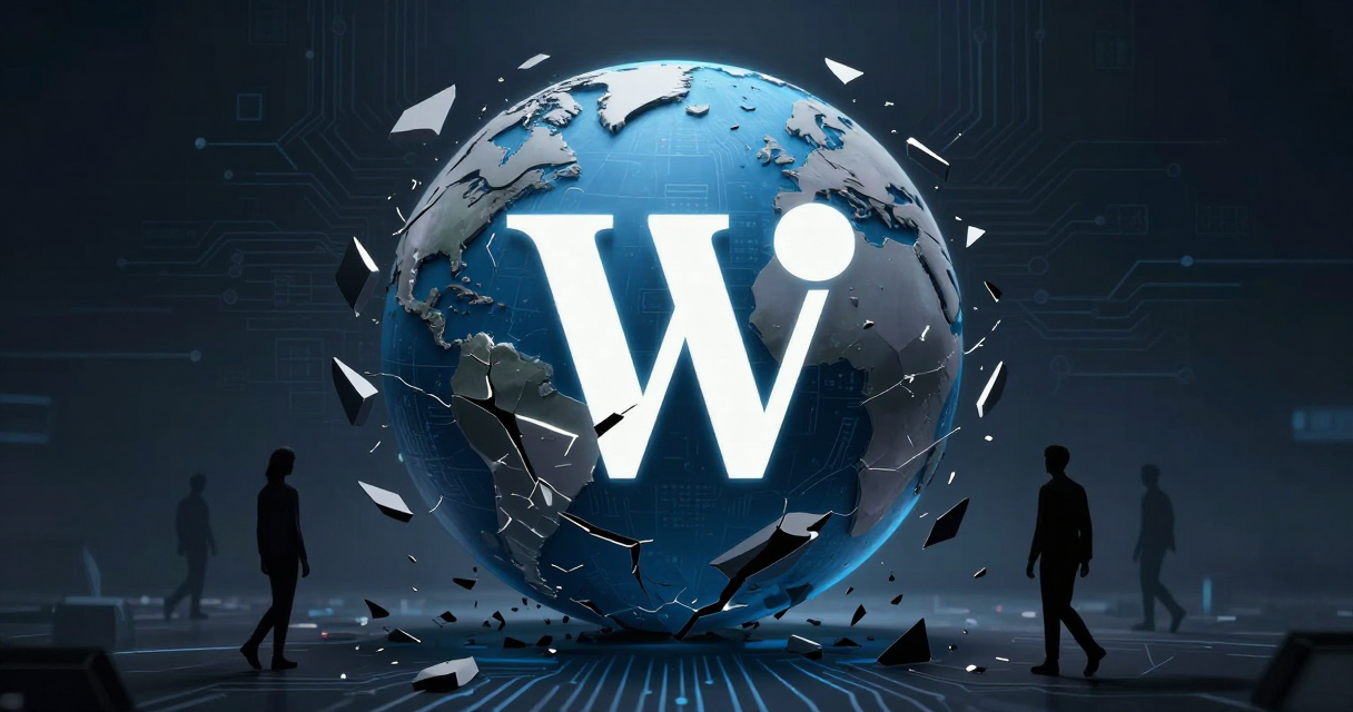 Wikipedia's globe logo cracking as volunteer editors walk away, symbolizing the fragility of open knowledge in the age of AI