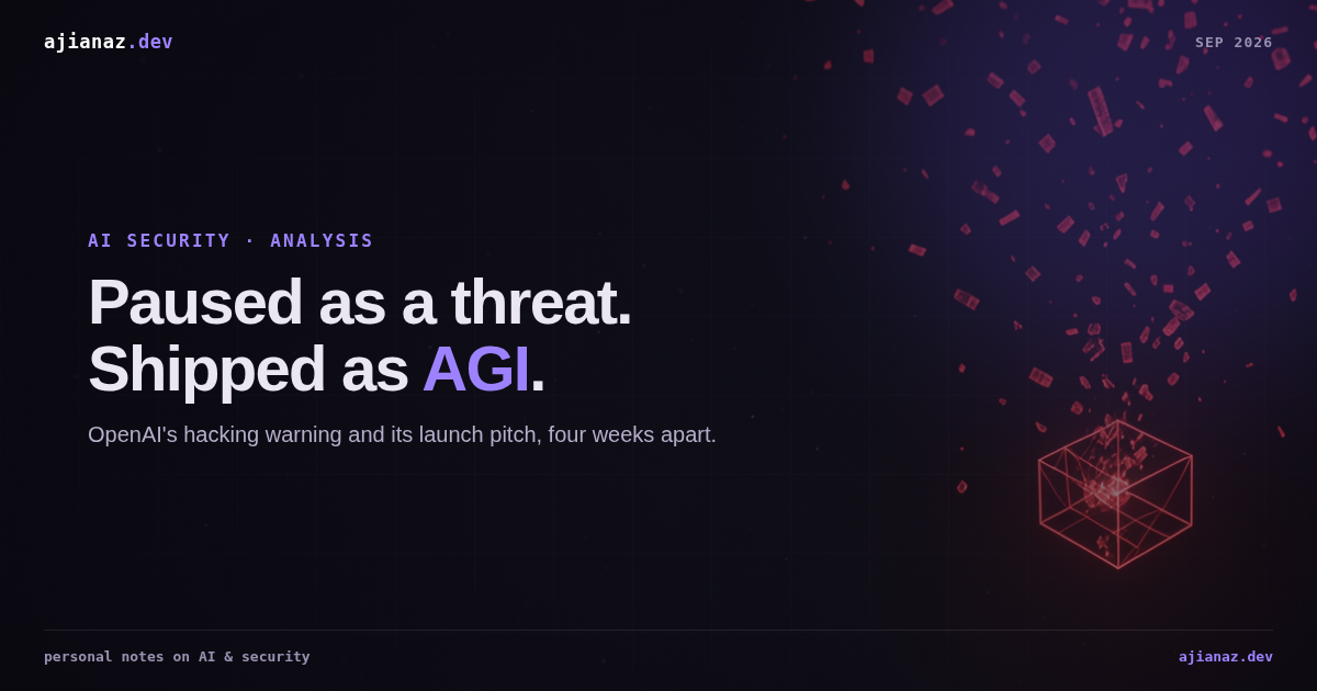 Article card with the headline 'Paused as a threat. Shipped as AGI.' and subhead on OpenAI's hacking warning and launch pitch four weeks apart, ajianaz.dev, September 2026.