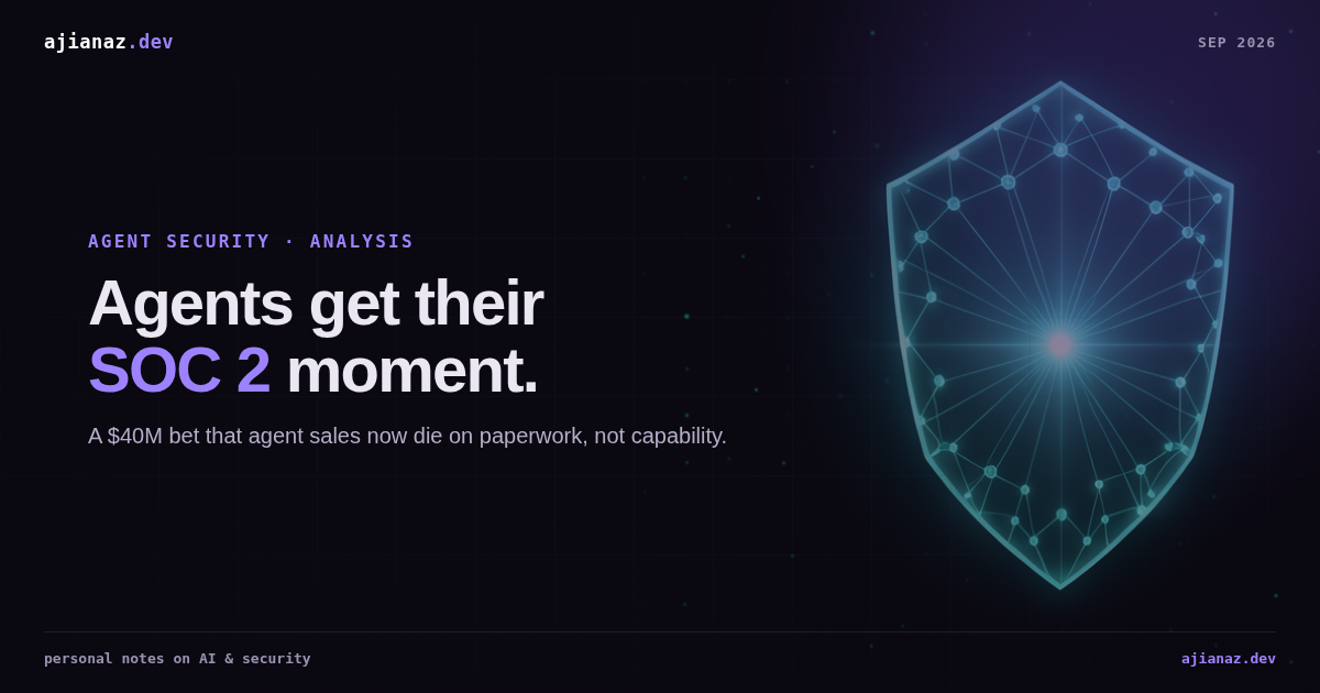 Dark ajianaz.dev thumbnail: cyan wireframe shield behind the headline Agents get their SOC 2 moment