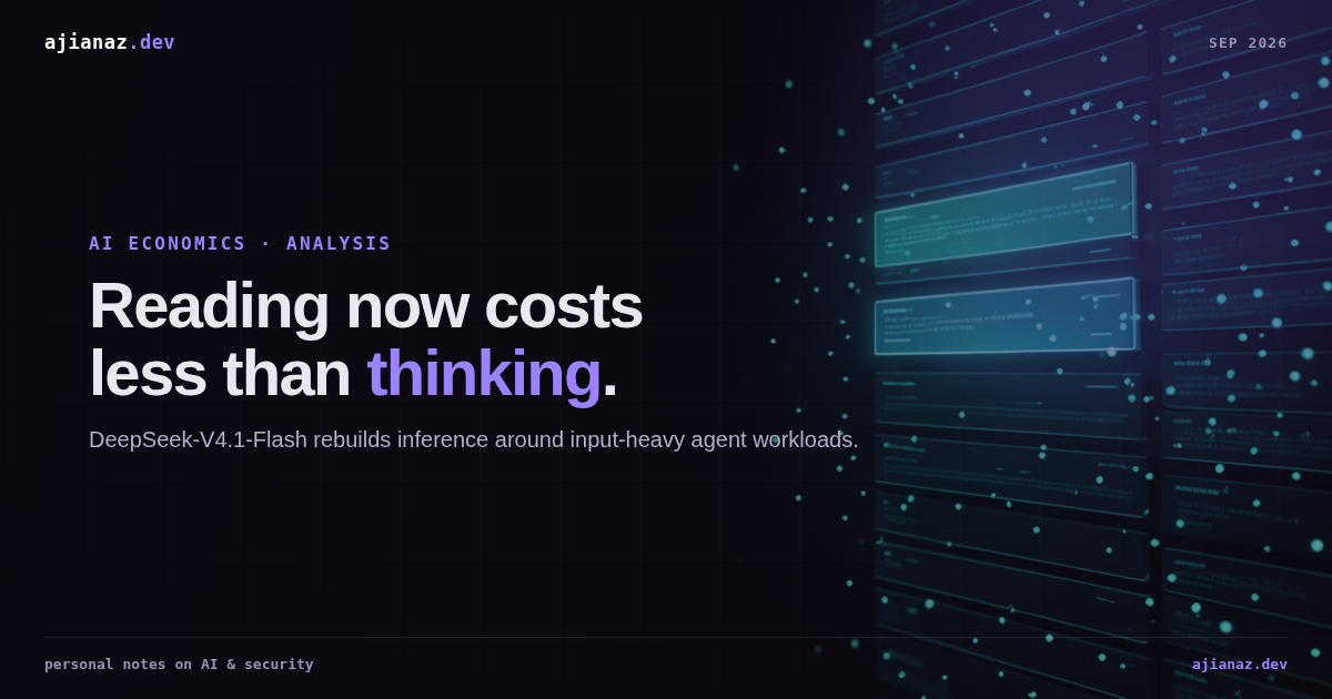 Waveform lines compressing into a dense band on a dark background, illustrating KV cache compression. Headline: DeepSeek made reading cheaper than thinking.