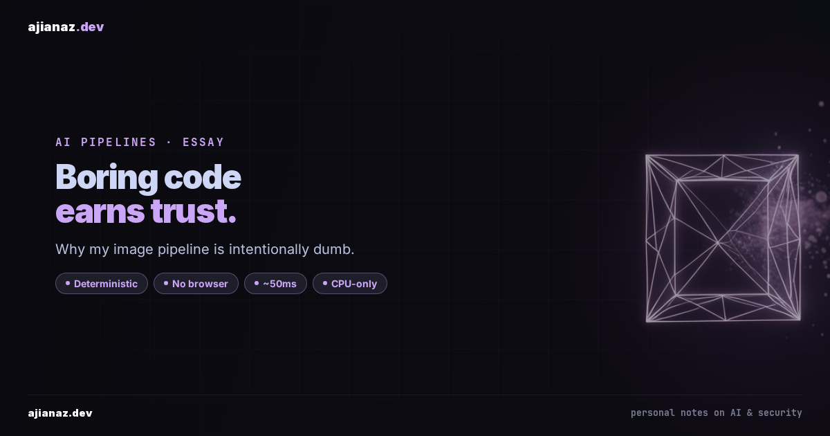Boring code earns trust: dark thumbnail with a wireframe frame and purple particle glow