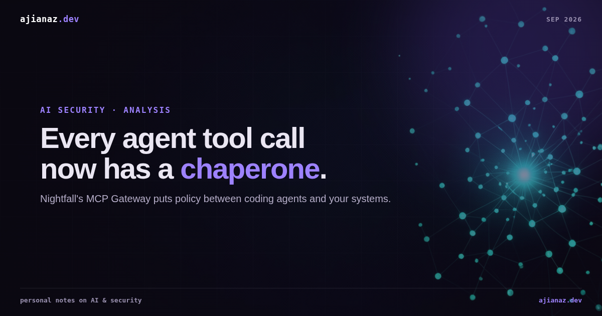 Dark ajianaz.dev thumbnail with a cyan particle swarm background, headline reading Every agent tool call now has a chaperone