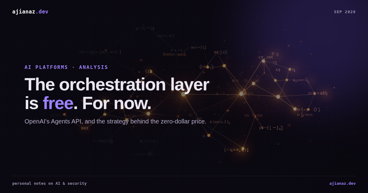 Dark abstract thumbnail: gold network nodes over deep navy, with headline "The orchestration layer is free. For now." for ajianaz.dev analysis of the OpenAI Agents API pricing strategy