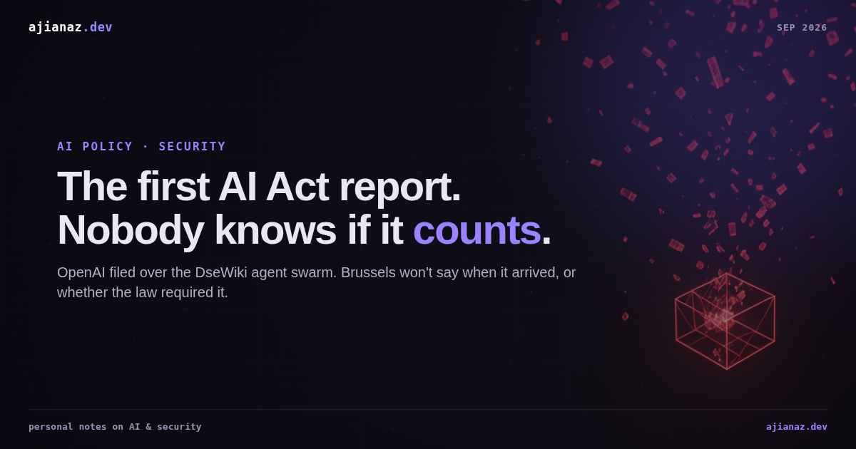 Dark thumbnail with a red wireframe cube breaking apart, headline reads The first AI Act report. Nobody knows if it counts.