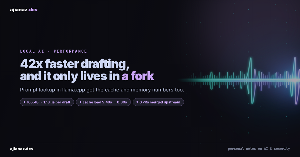 Dark ajianaz.dev thumbnail: headline 42x faster drafting lives in a fork, with stat pills for per-draft latency, cache load time, and upstream merge count.