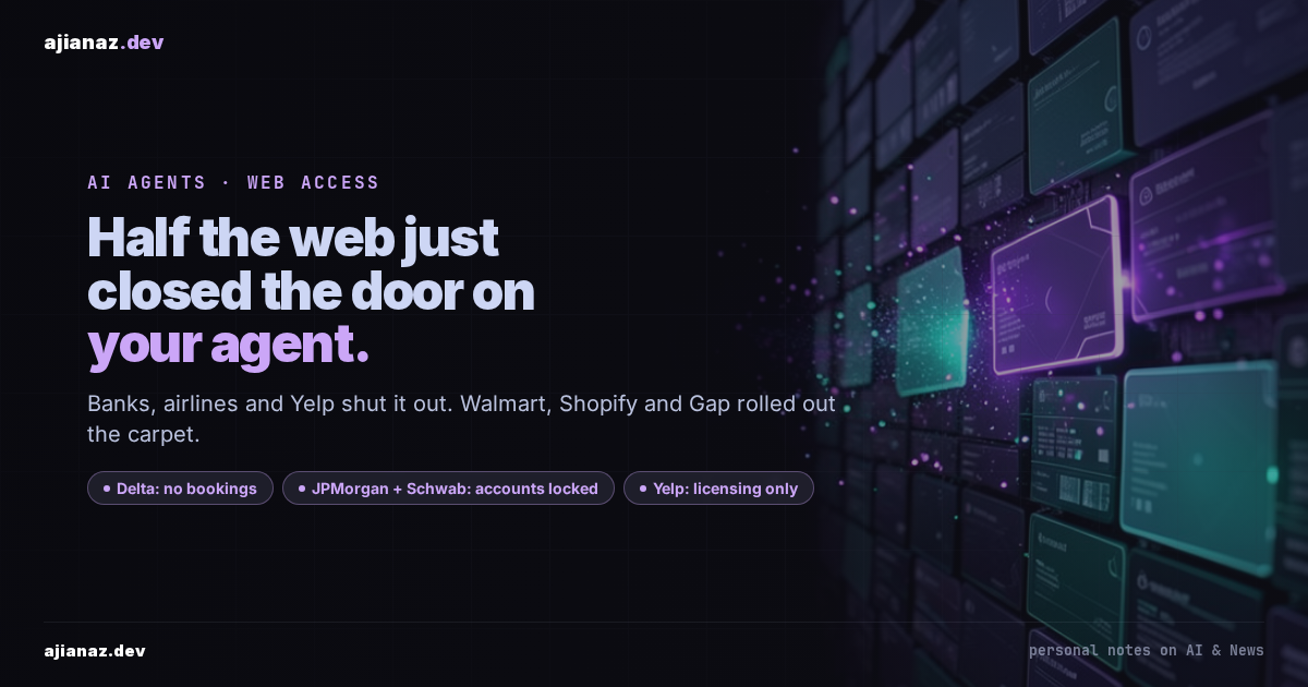 Dark ajianaz.dev thumbnail, memwall background: half the web just closed the door on your agent, with pills for Delta, JPMorgan and Schwab, and Yelp