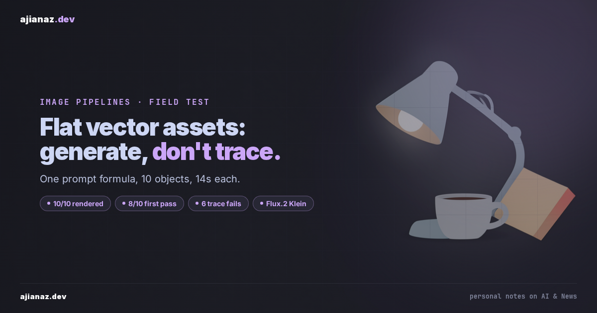 Dark thumbnail: flat vector desk lamp, coffee mug and book illustration on the right; headline reading Flat vector assets: generate, don't trace