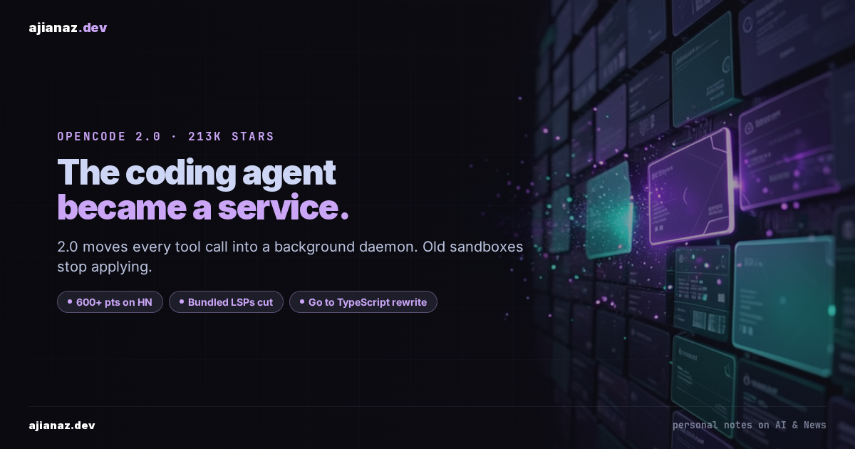 Dark ajianaz.dev thumbnail over a memwall background: headline the coding agent became a service, with pills for 600+ points on Hacker News, bundled LSPs cut, and a Go to TypeScript rewrite