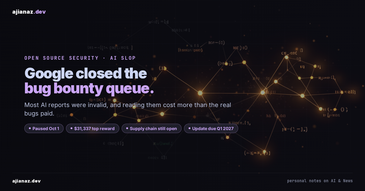 Dark ajianaz.dev thumbnail: headline Google closed the bug bounty queue, with pills for the Oct 1 pause, the 31,337 dollar top reward, supply chain reports open, and a Q1 2027 update.